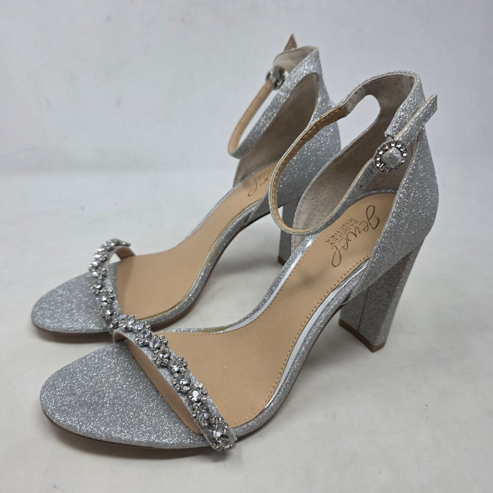 Jewel Badgley Mischka Glitter Rhinestone Ankle Strap Block Heel Sandals Silver 8